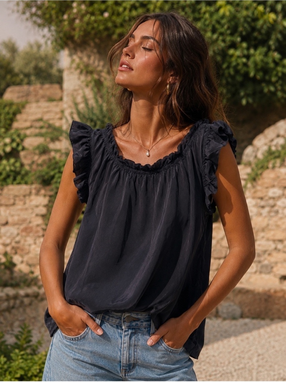 GOAT Jane Atelier 100% Silk Black Ruffle Trim Blouse UK16 US12